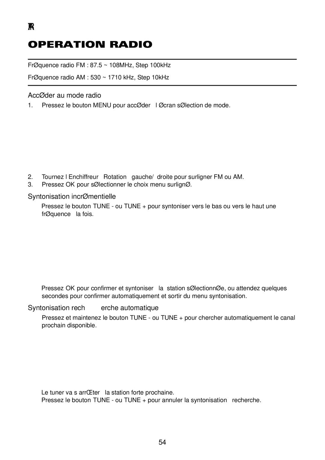 Acoustic Research owner manual ART1 Operation Radio, Accéder au mode radio, Syntonisation incrémentielle 