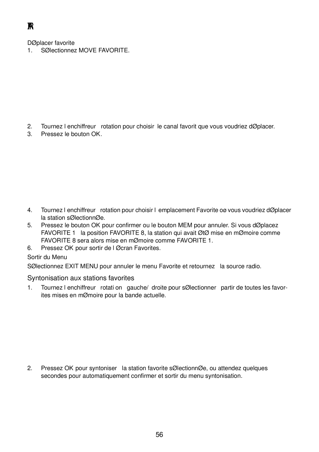 Acoustic Research ART1 owner manual Syntonisation aux stations favorites, Déplacer favorite, Sortir du Menu 