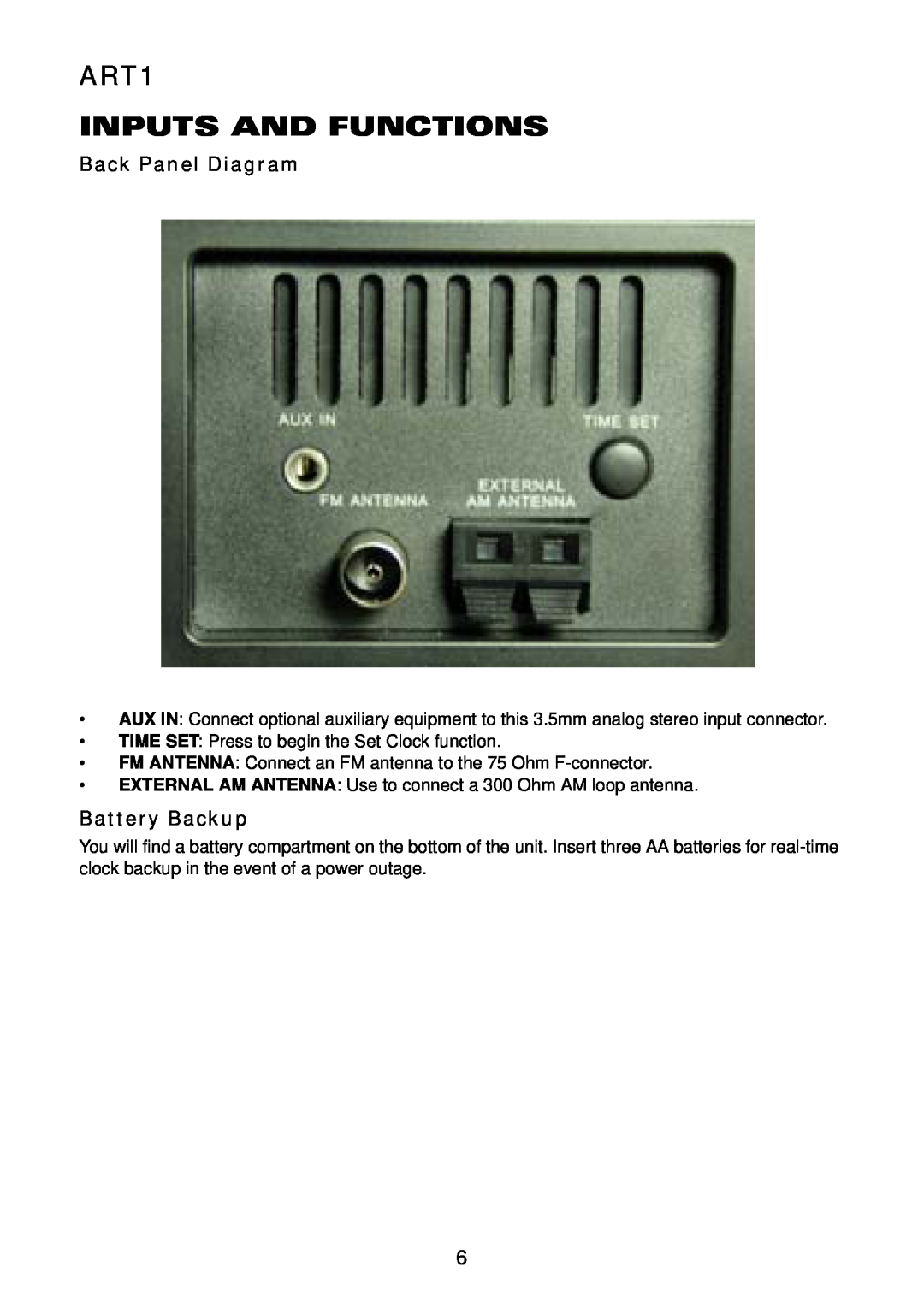 Acoustic Research owner manual ART1 INPUTS AND FUNCTIONS, Back Panel Diagram, Battery Backup 