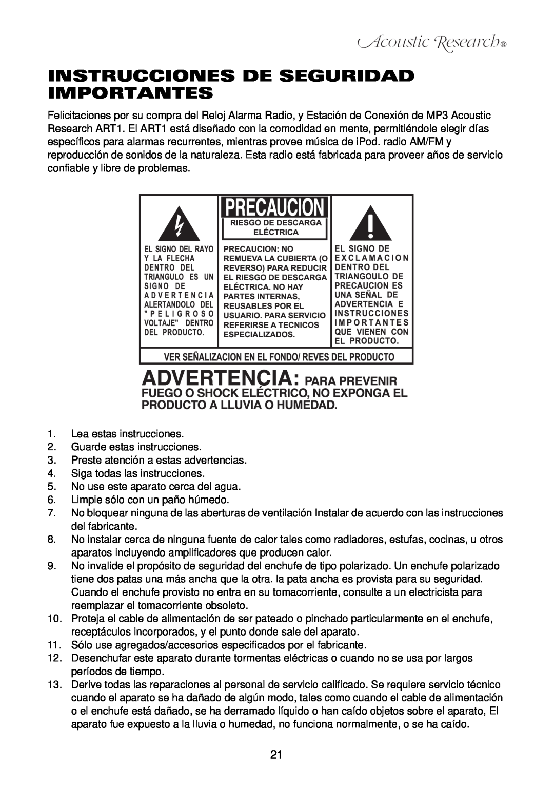 Acoustic Research ART1 owner manual Instrucciones De Seguridad Importantes 