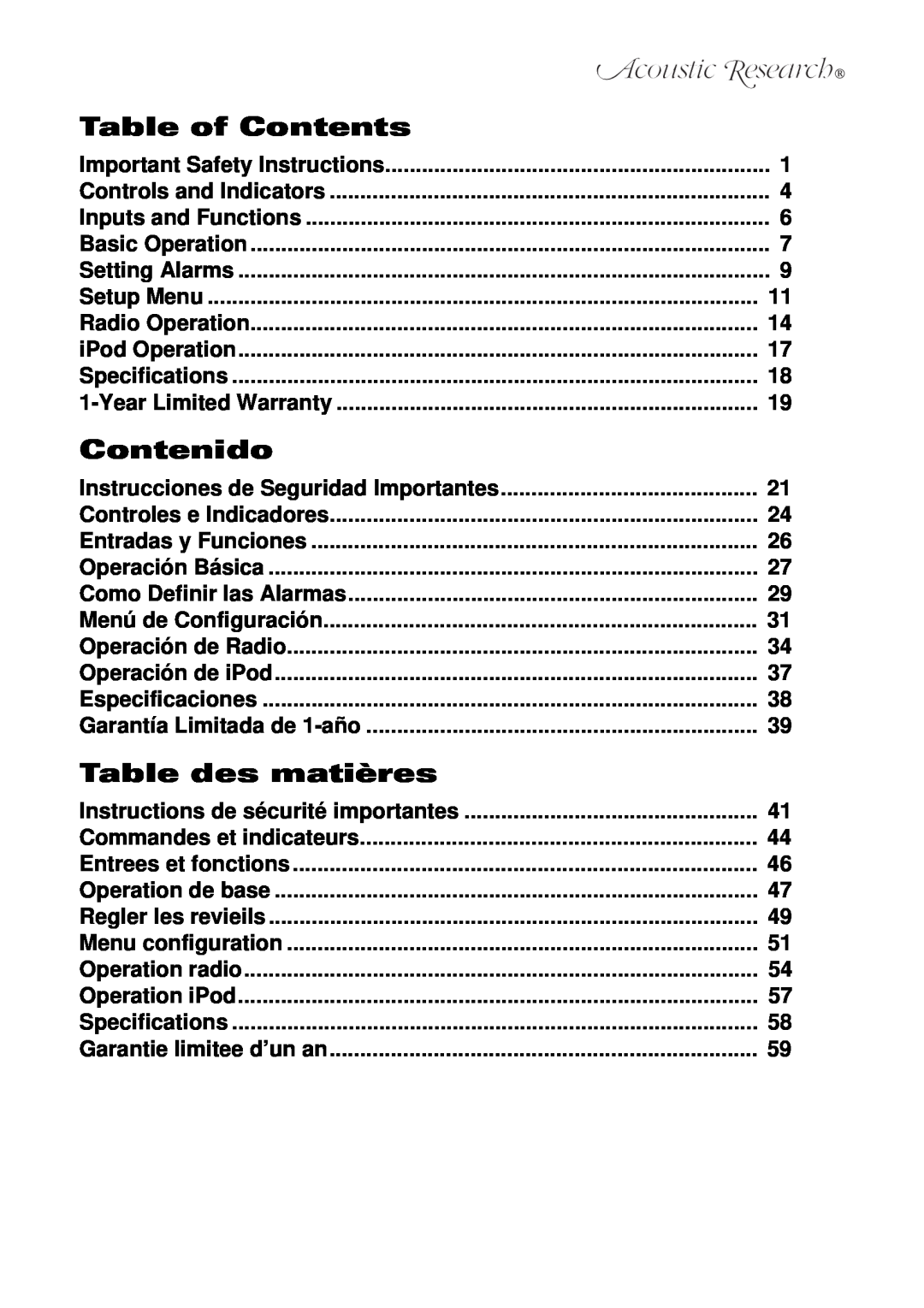 Acoustic Research ART1 owner manual Table of Contents, Contenido, Table des matières 