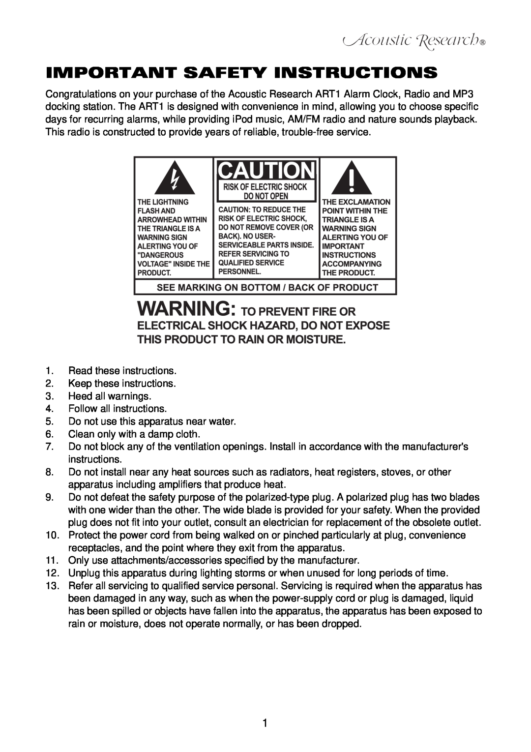 Acoustic Research ART1 owner manual Important Safety Instructions 