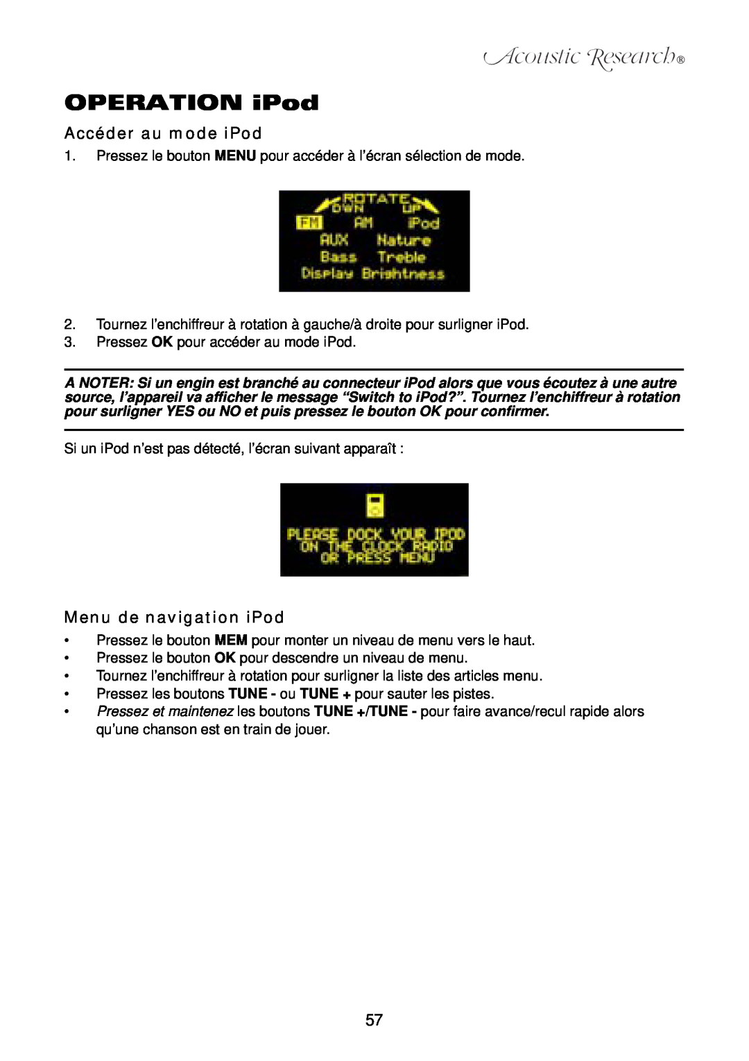 Acoustic Research ART1 owner manual OPERATION iPod, Accéder au mode iPod, Menu de navigation iPod 
