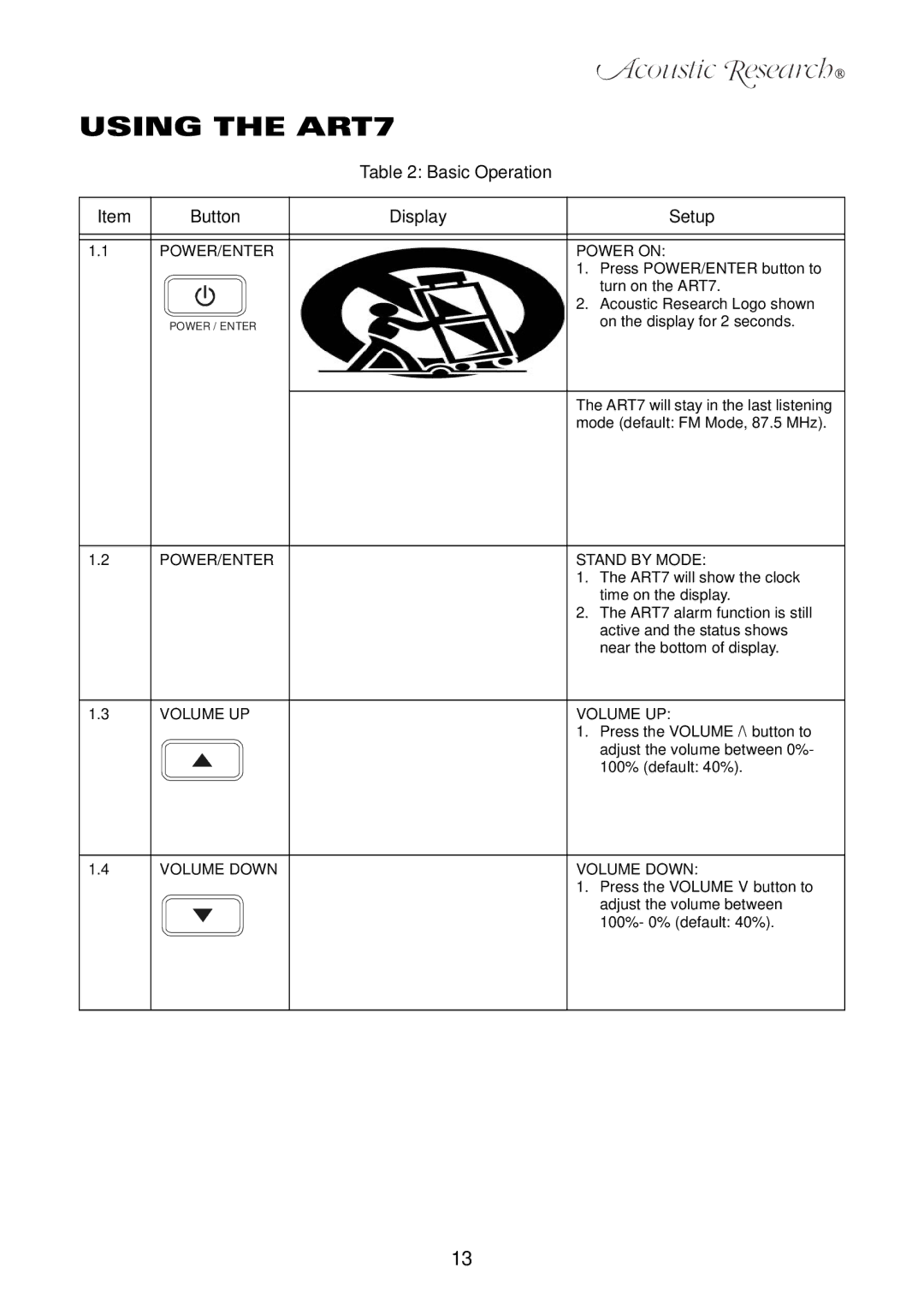 Acoustic Research user manual Using the ART7, Basic Operation Button Display Setup 