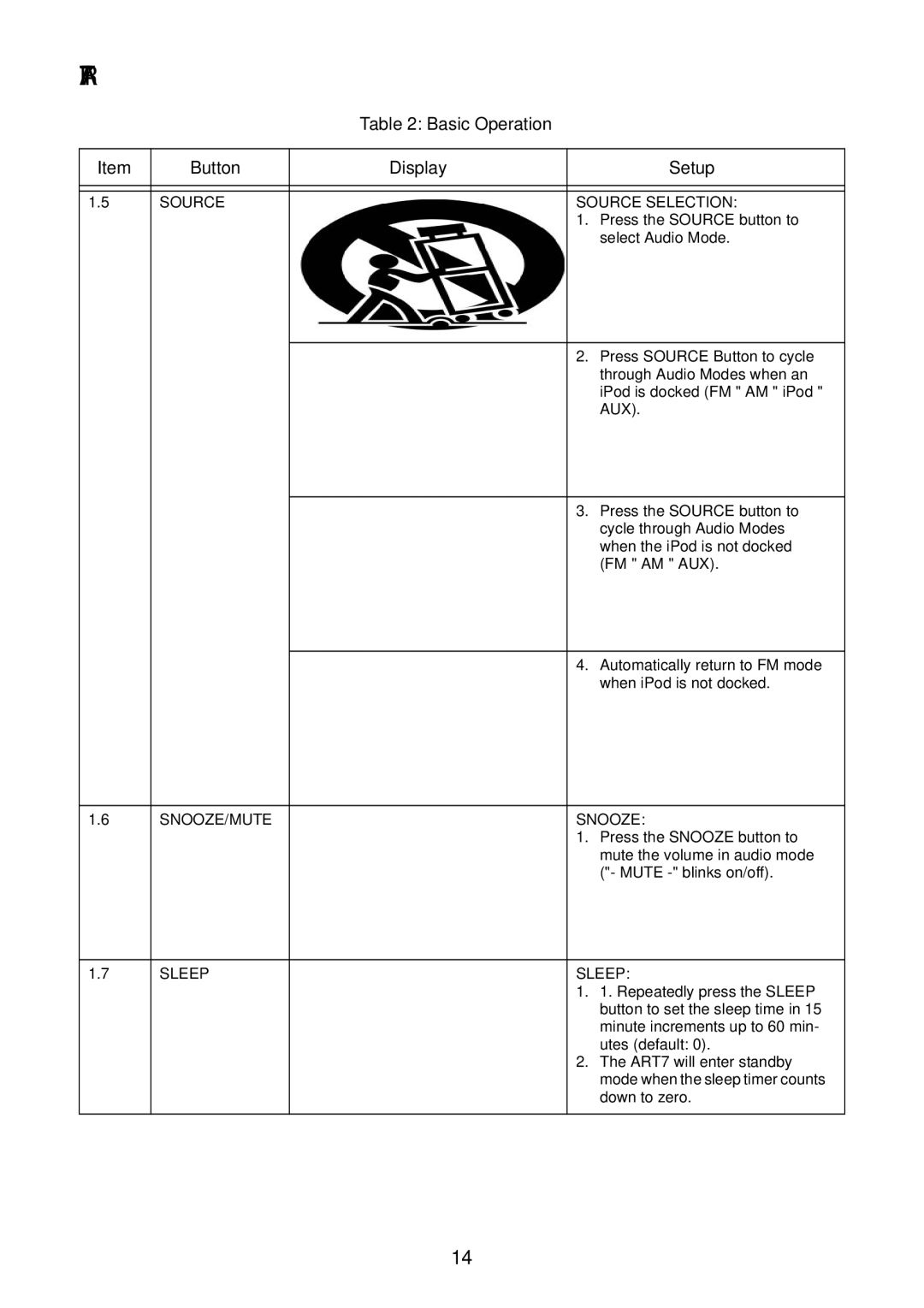 Acoustic Research ART7 user manual Source Source Selection, Aux, SNOOZE/MUTE Snooze, Sleep 