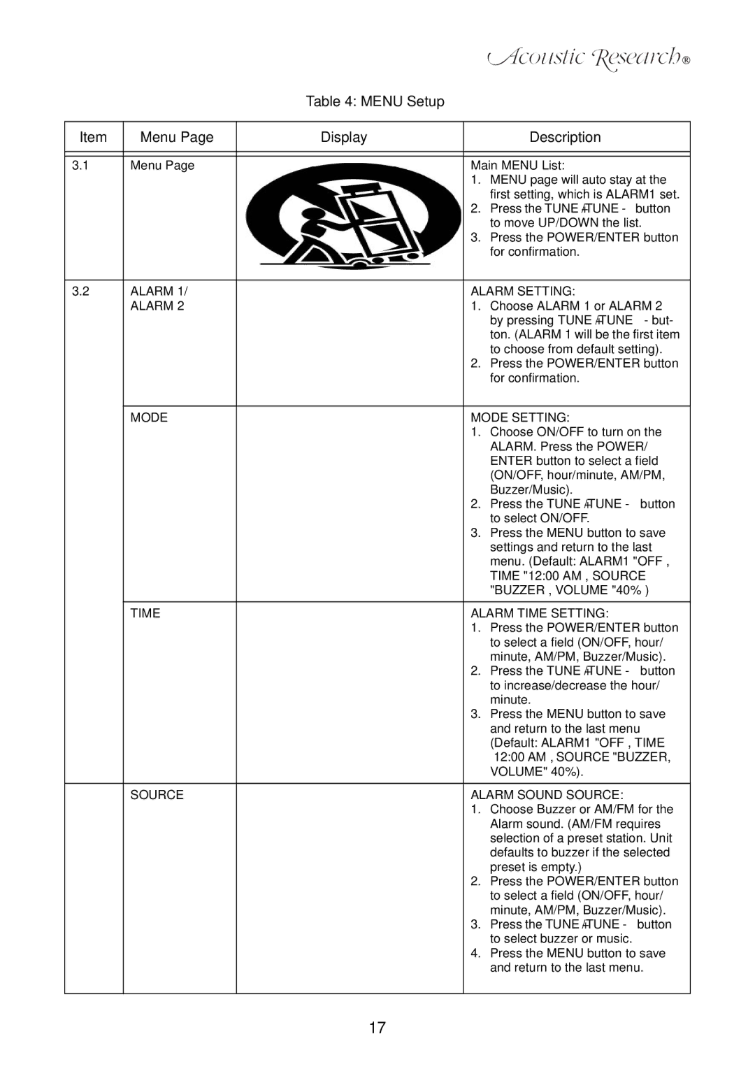 Acoustic Research ART7 user manual Menu Setup Display Description 