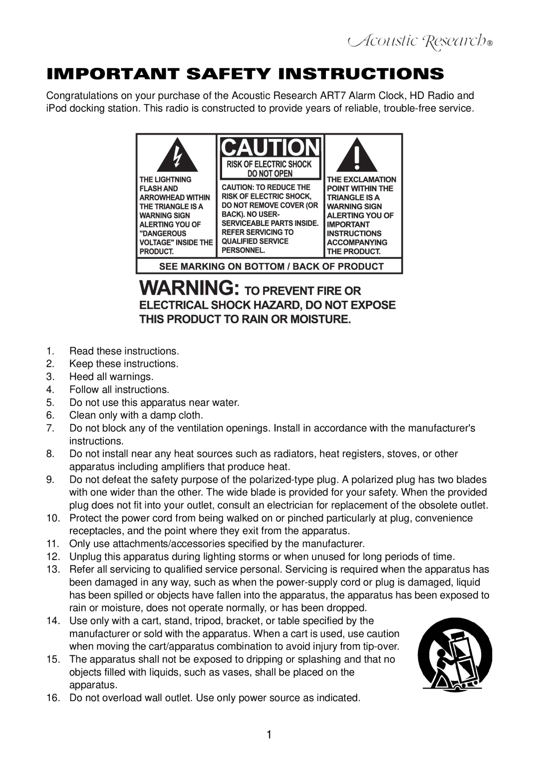 Acoustic Research ART7 user manual Important Safety Instructions 