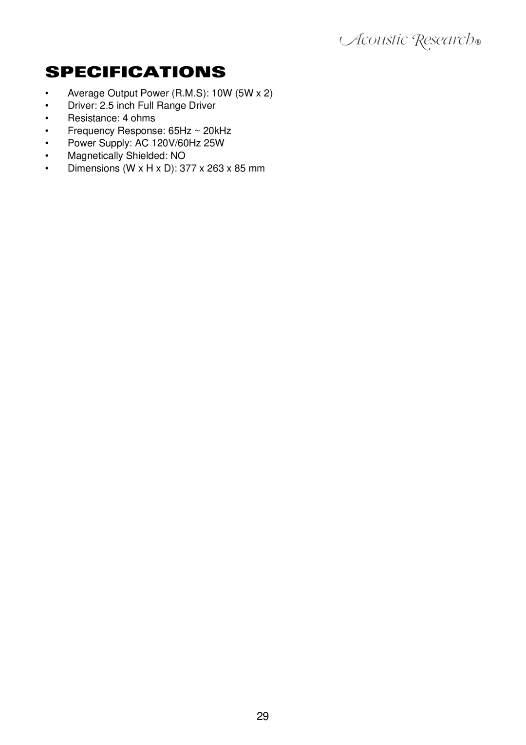 Acoustic Research ART7 user manual Specifications 