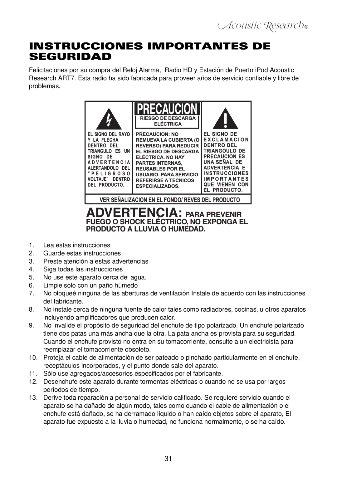 Acoustic Research ART7 user manual Instrucciones Importantes DE Seguridad 