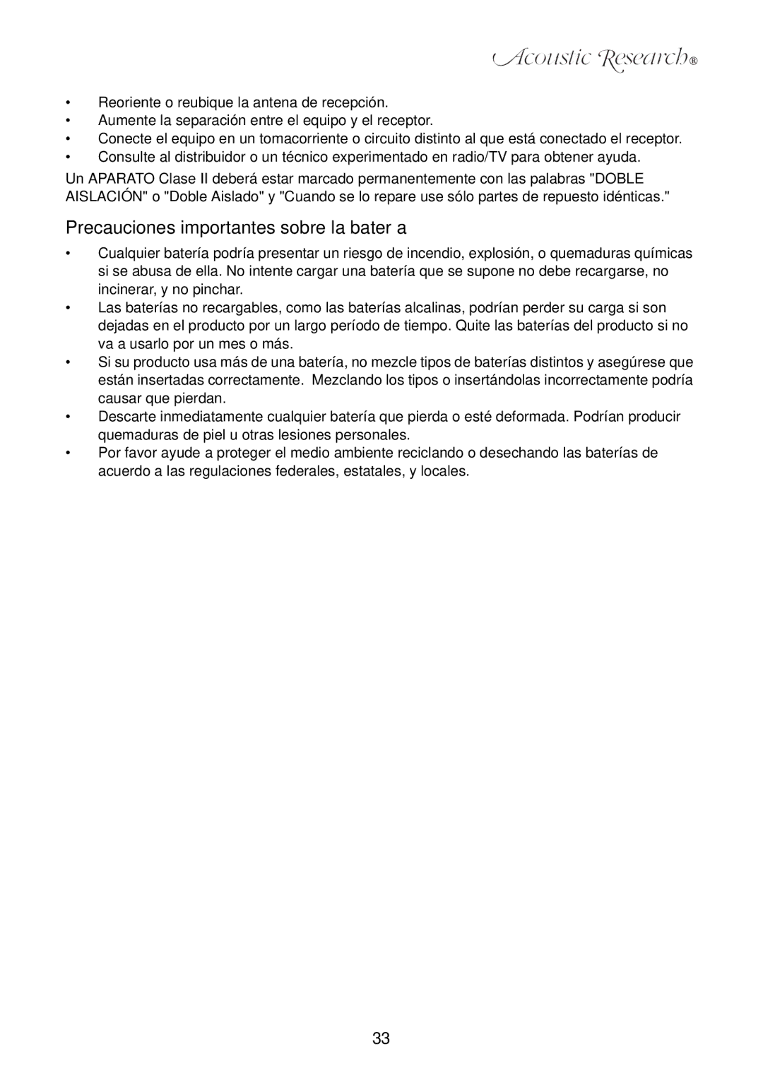 Acoustic Research ART7 user manual Precauciones importantes sobre la batería 