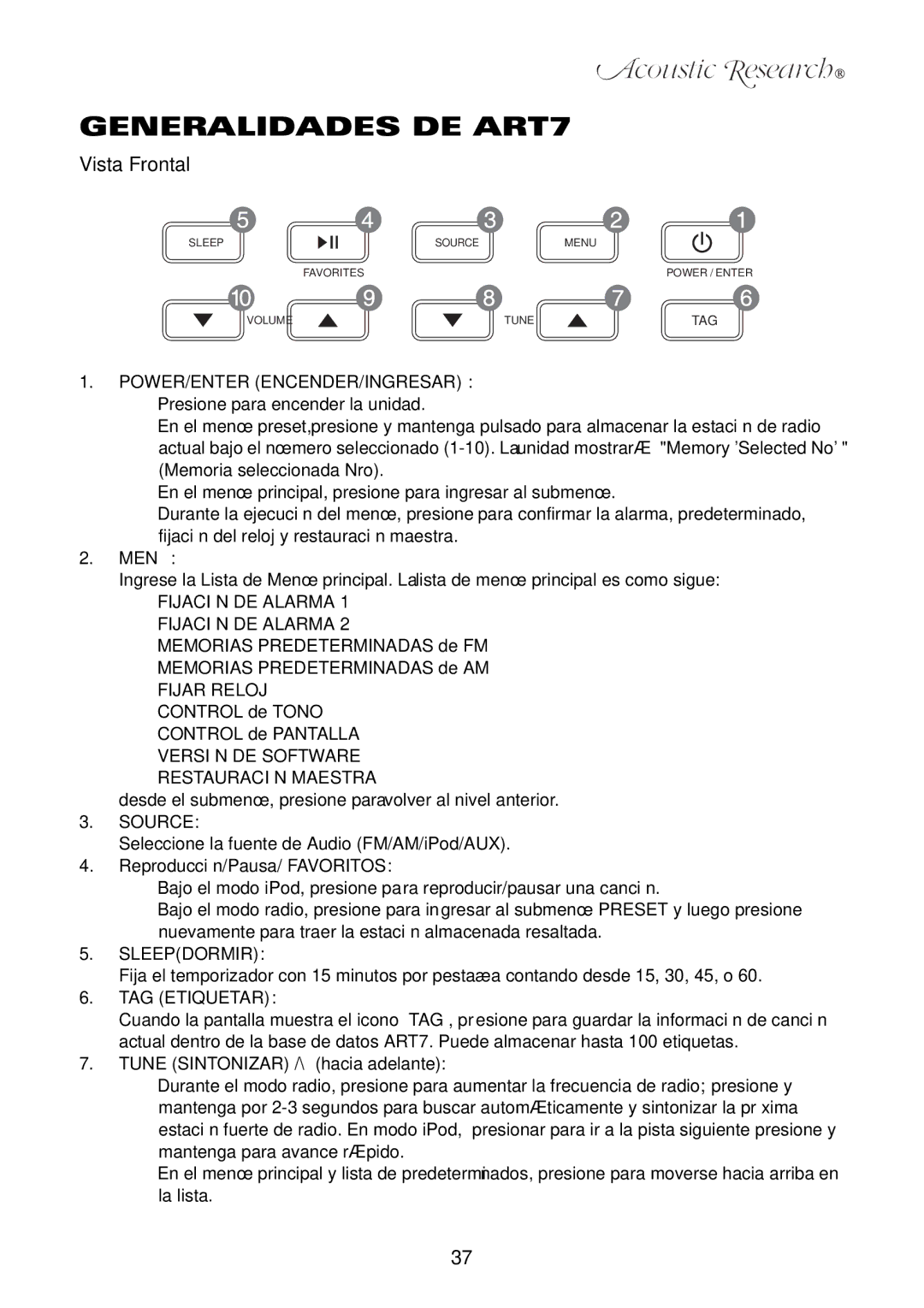 Acoustic Research user manual Generalidades DE ART7, Vista Frontal, Menú, Tune Sintonizar /\ hacia adelante 