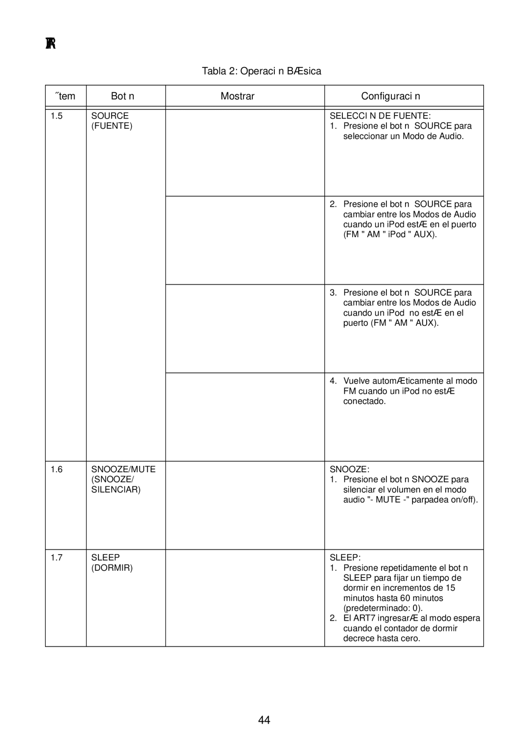 Acoustic Research ART7 user manual Source Selección DE Fuente, Silenciar, Sleep Dormir 