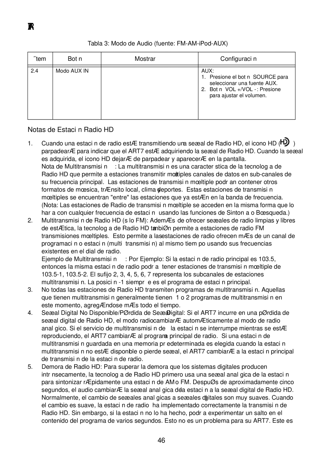 Acoustic Research ART7 user manual Notas de Estación Radio HD, Aux 