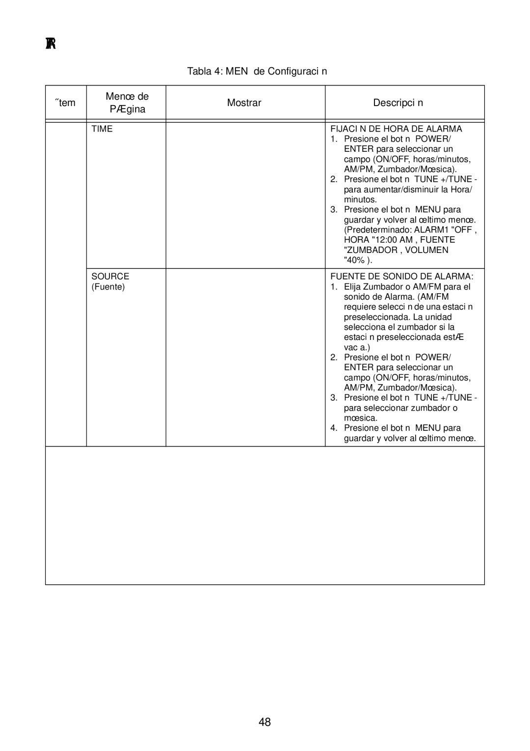 Acoustic Research ART7 user manual Tabla 4 Menú de Configuración Ítem Mostrar Descripción, Time Fijación DE Hora DE Alarma 