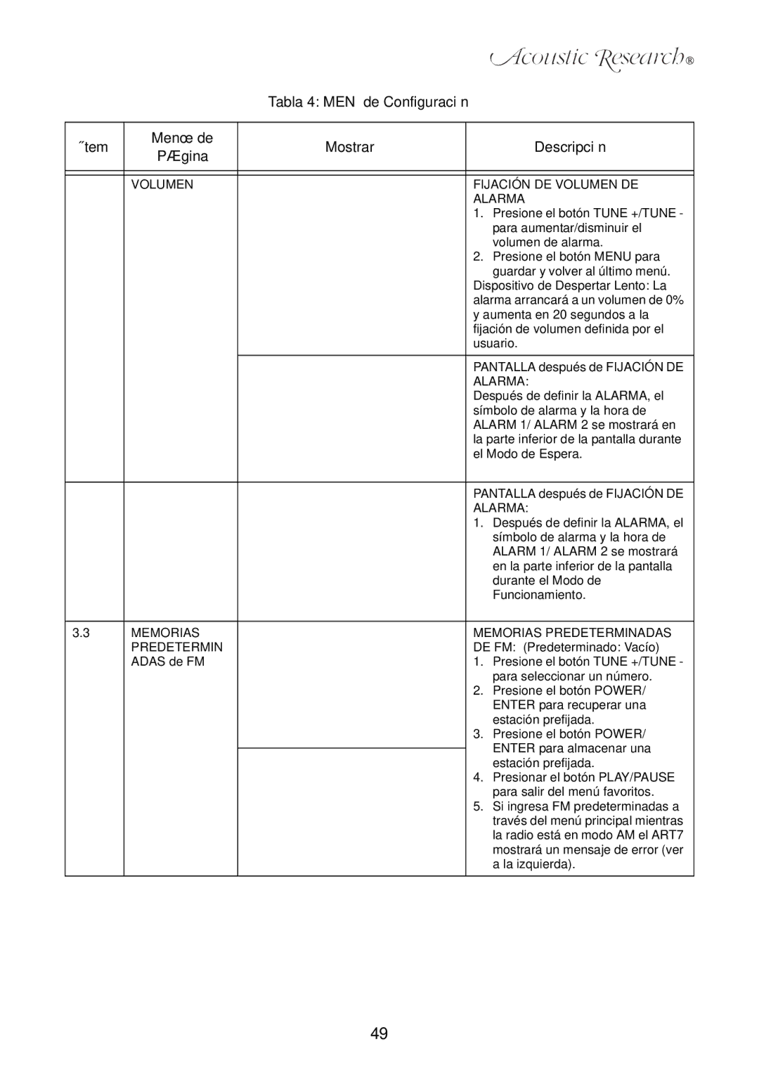 Acoustic Research ART7 user manual Volumen Fijación DE Volumen DE Alarma, Memorias Memorias Predeterminadas 
