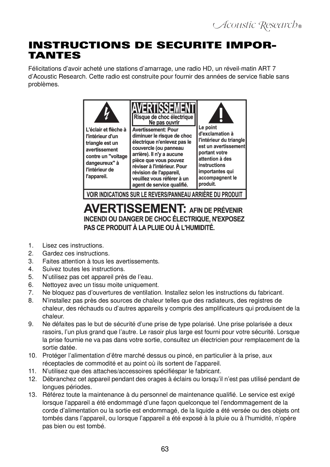 Acoustic Research ART7 user manual Instructions DE Securite IMPOR- Tantes 