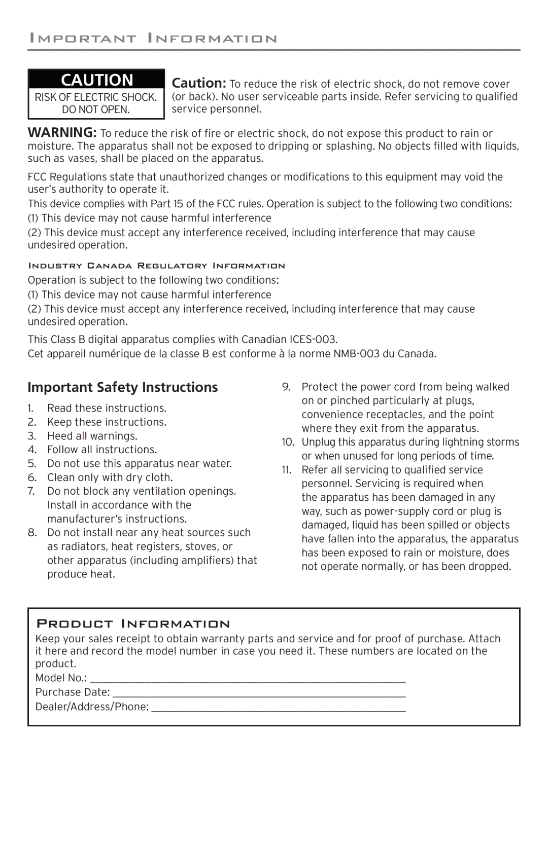 Acoustic Research ARW200 user manual Product Information, Important Safety Instructions, Important Information 