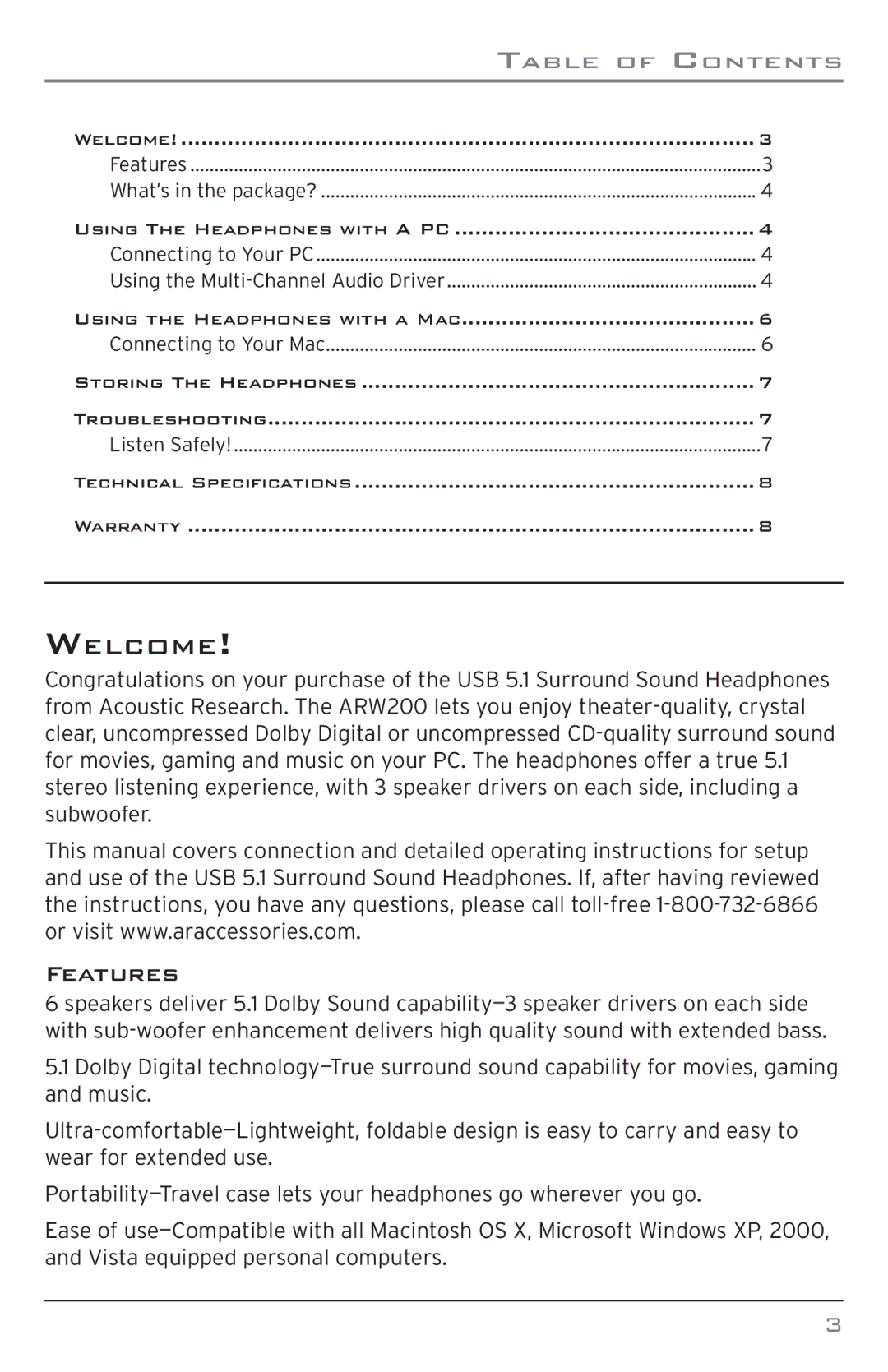 Acoustic Research ARW200 user manual Features, Welcome, Table of Contents 