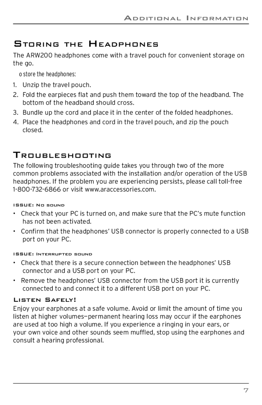 Acoustic Research ARW200 user manual Listen Safely, Storing the Headphones, Troubleshooting, To store the headphones 