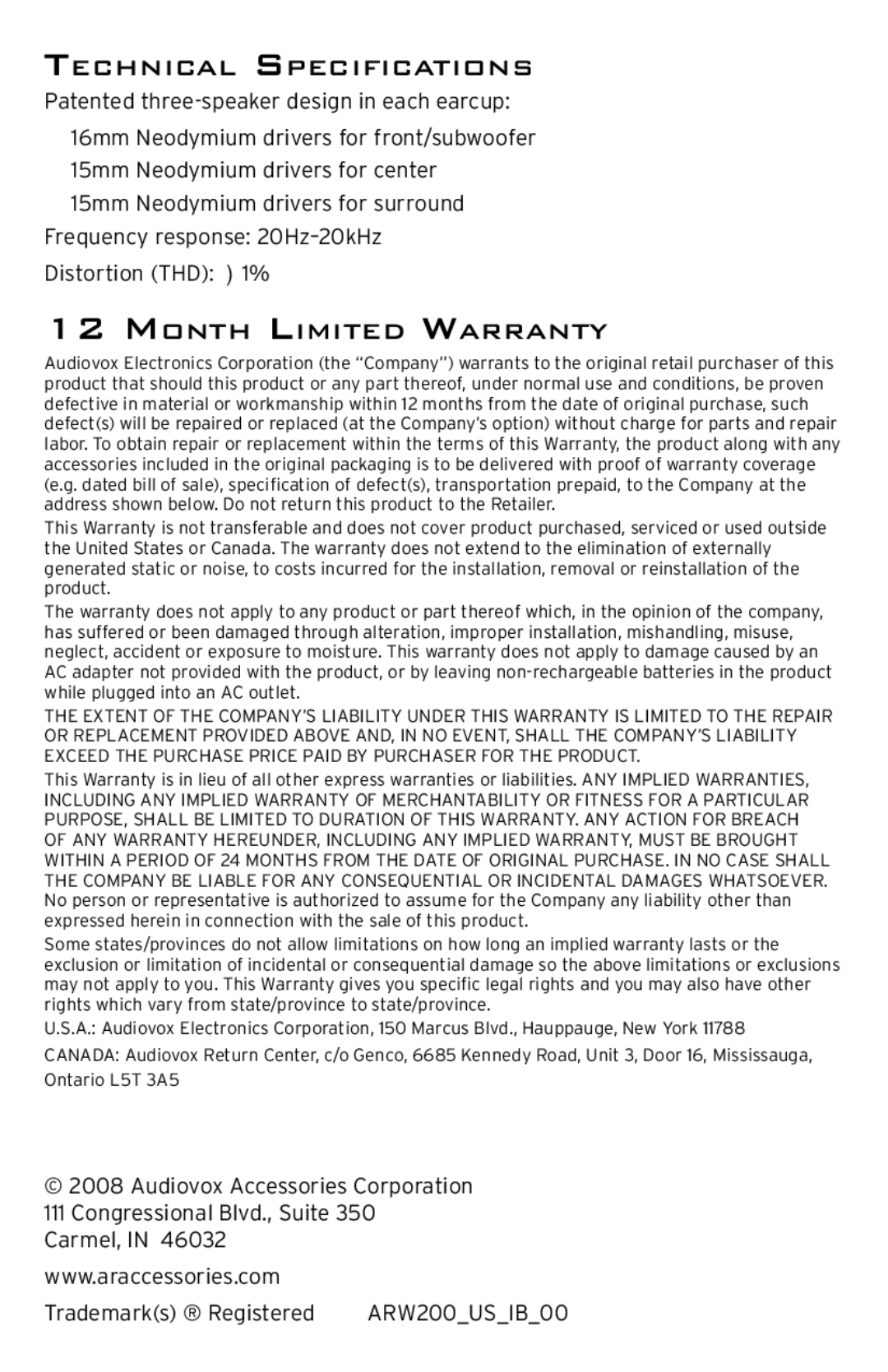 Acoustic Research ARW200 user manual Technical Specifications, Month Limited Warranty 