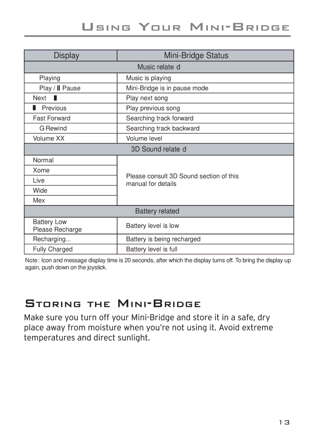 Acoustic Research ARWH1 user manual Display Mini-Bridge Status 