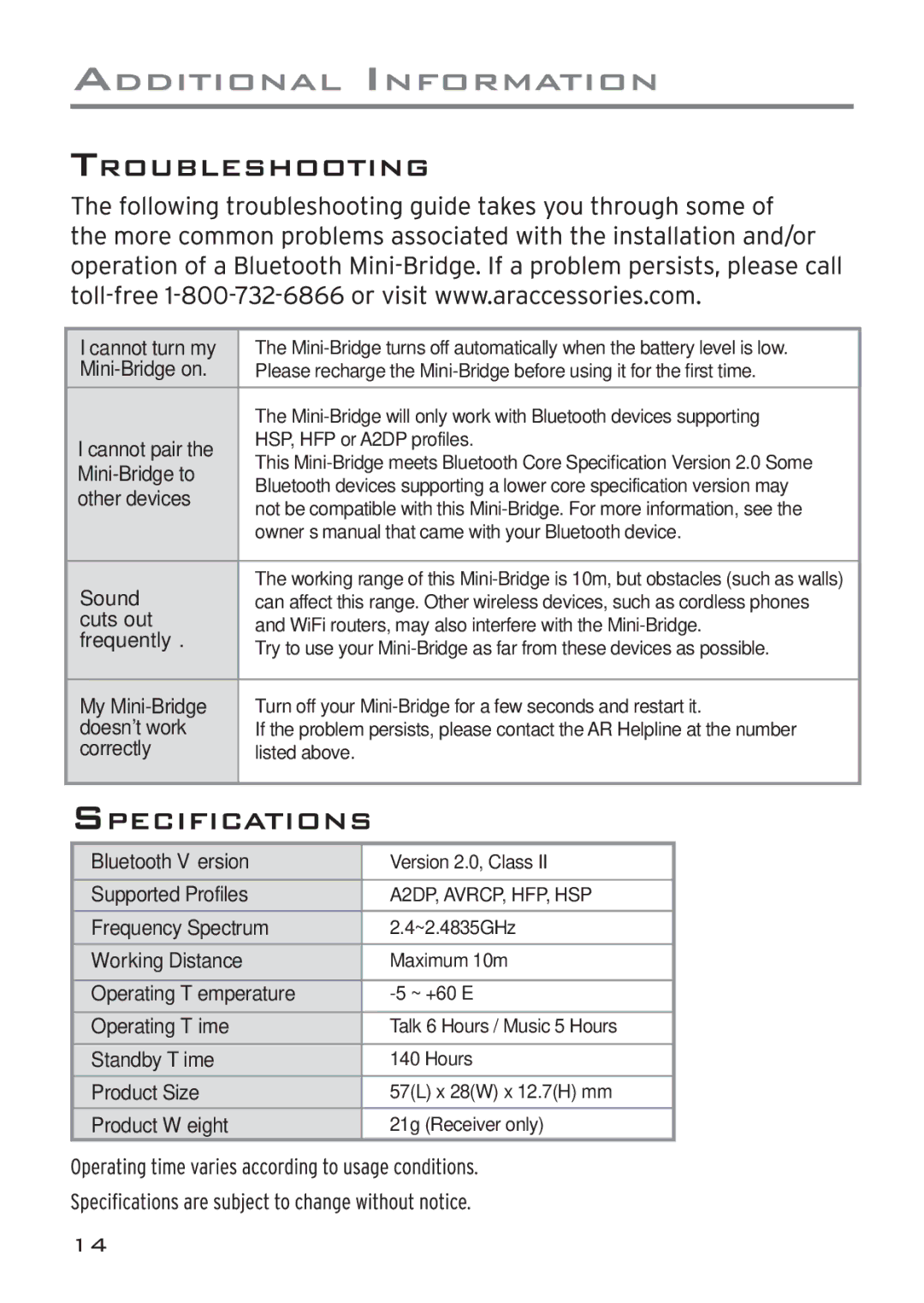 Acoustic Research ARWH1 user manual Mini-Bridge to 