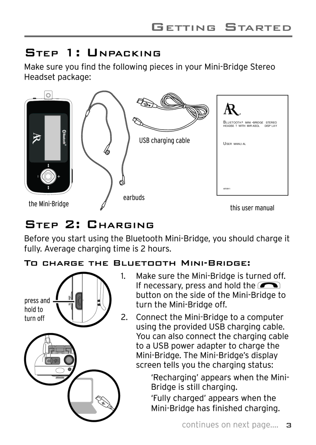 Acoustic Research ARWH1 user manual Bluetooth MINI-BRIDGE Stereo Headset with Mirasol Display 