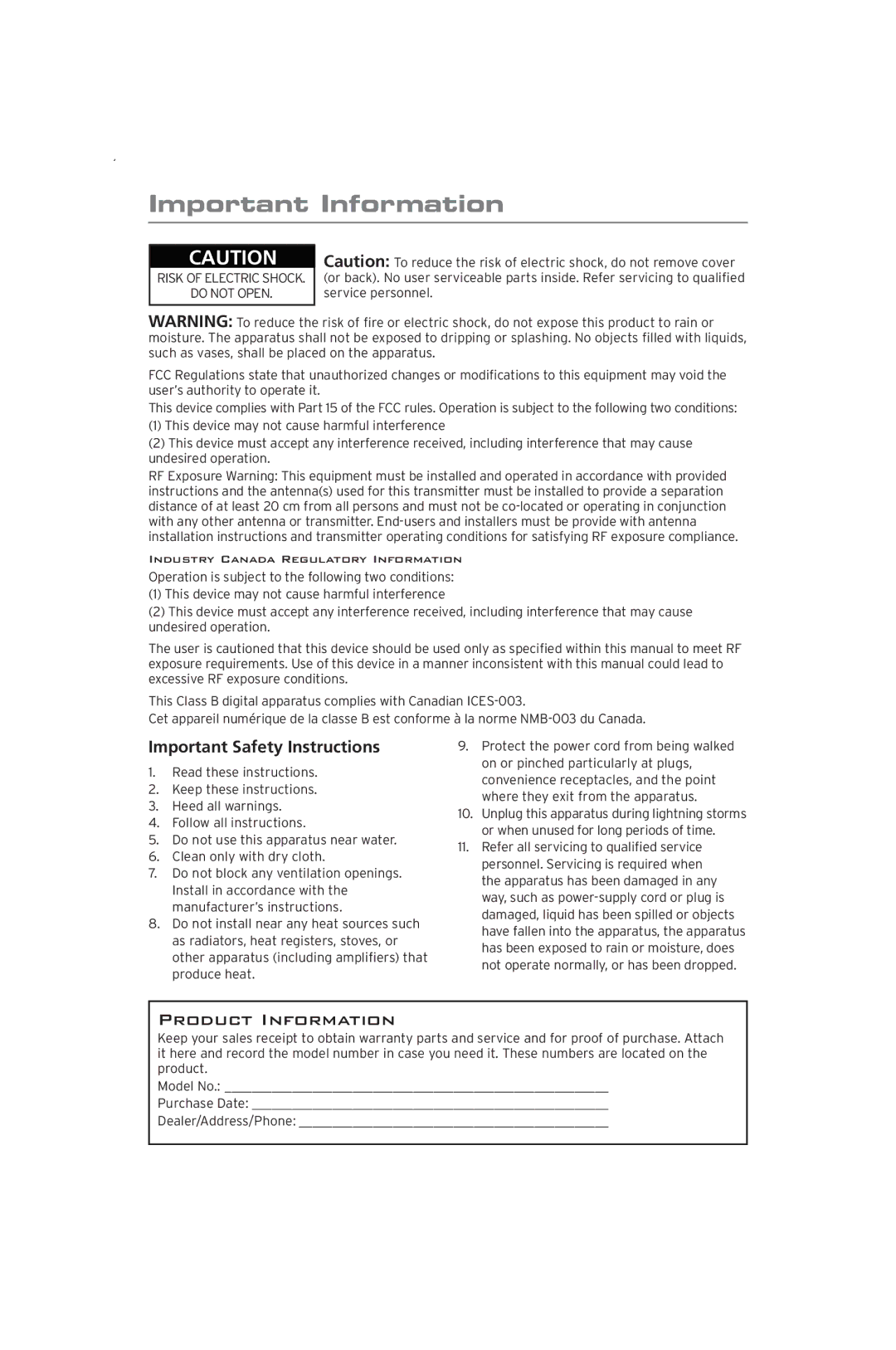 Acoustic Research ARWH2 user manual Important Information, Product Information 