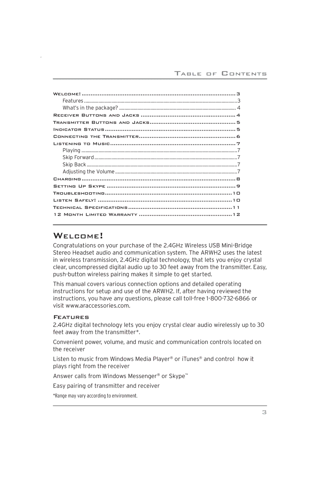 Acoustic Research ARWH2 user manual Welcome, Features 