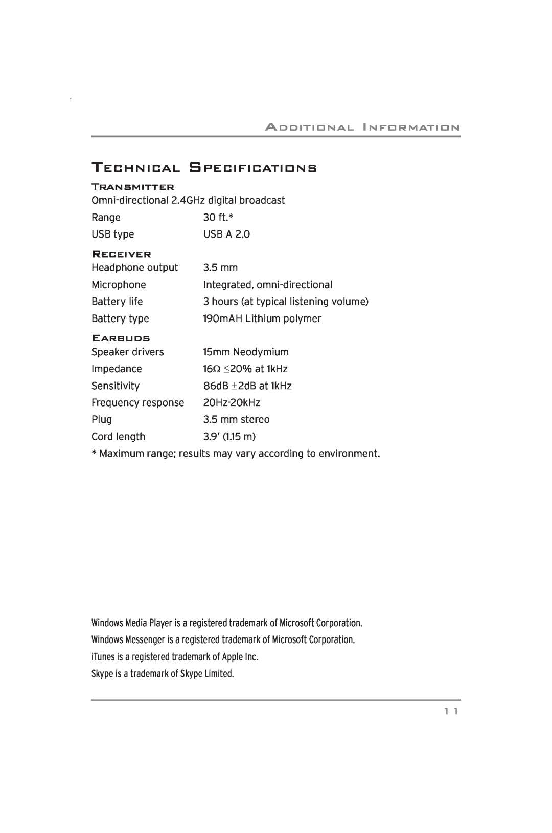 Acoustic Research ARWH2 user manual TECHNICAL SPECIFICATIONS Transmitter, Receiver, Earbuds 