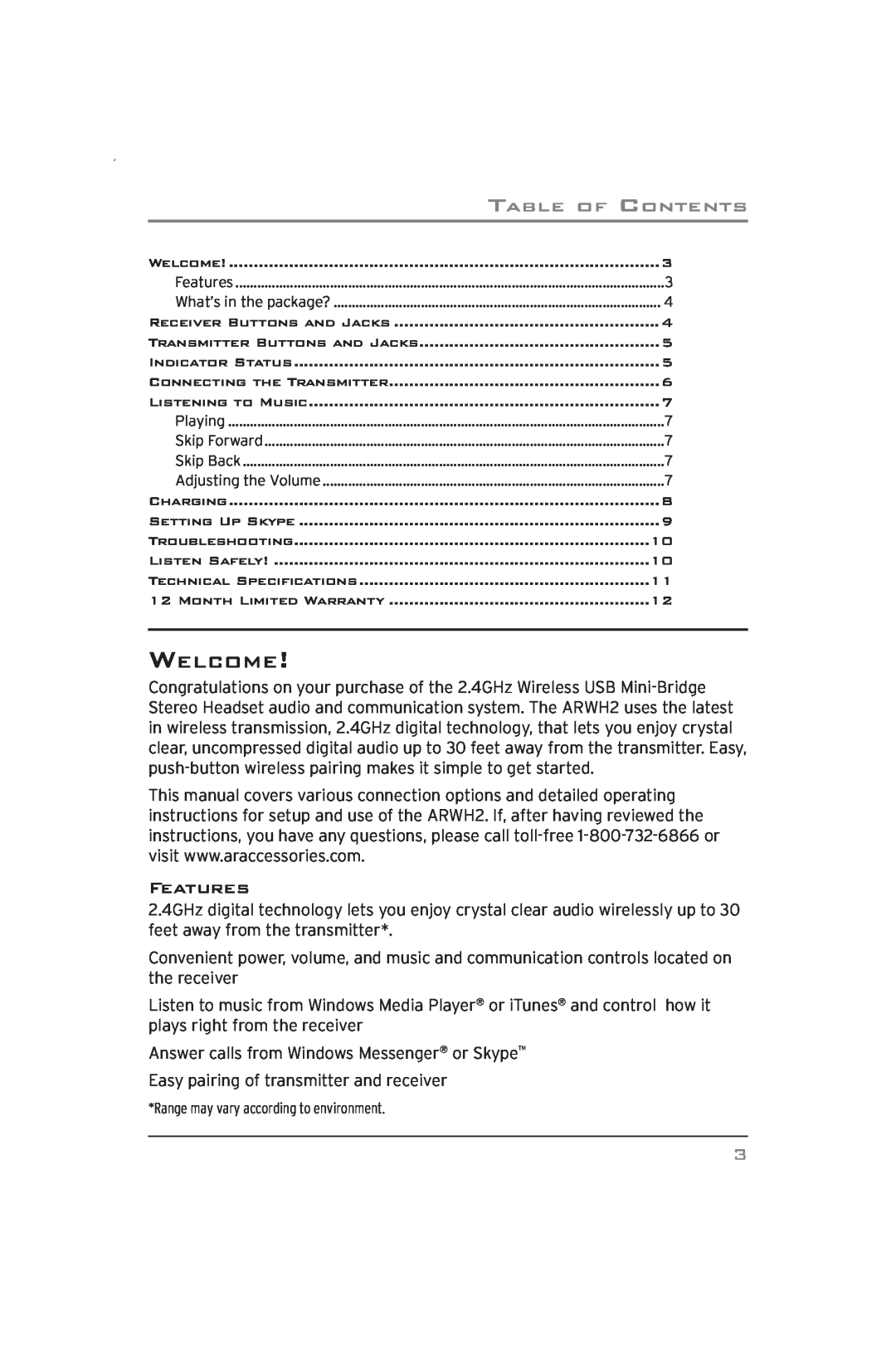 Acoustic Research ARWH2 user manual Welcome, Features 