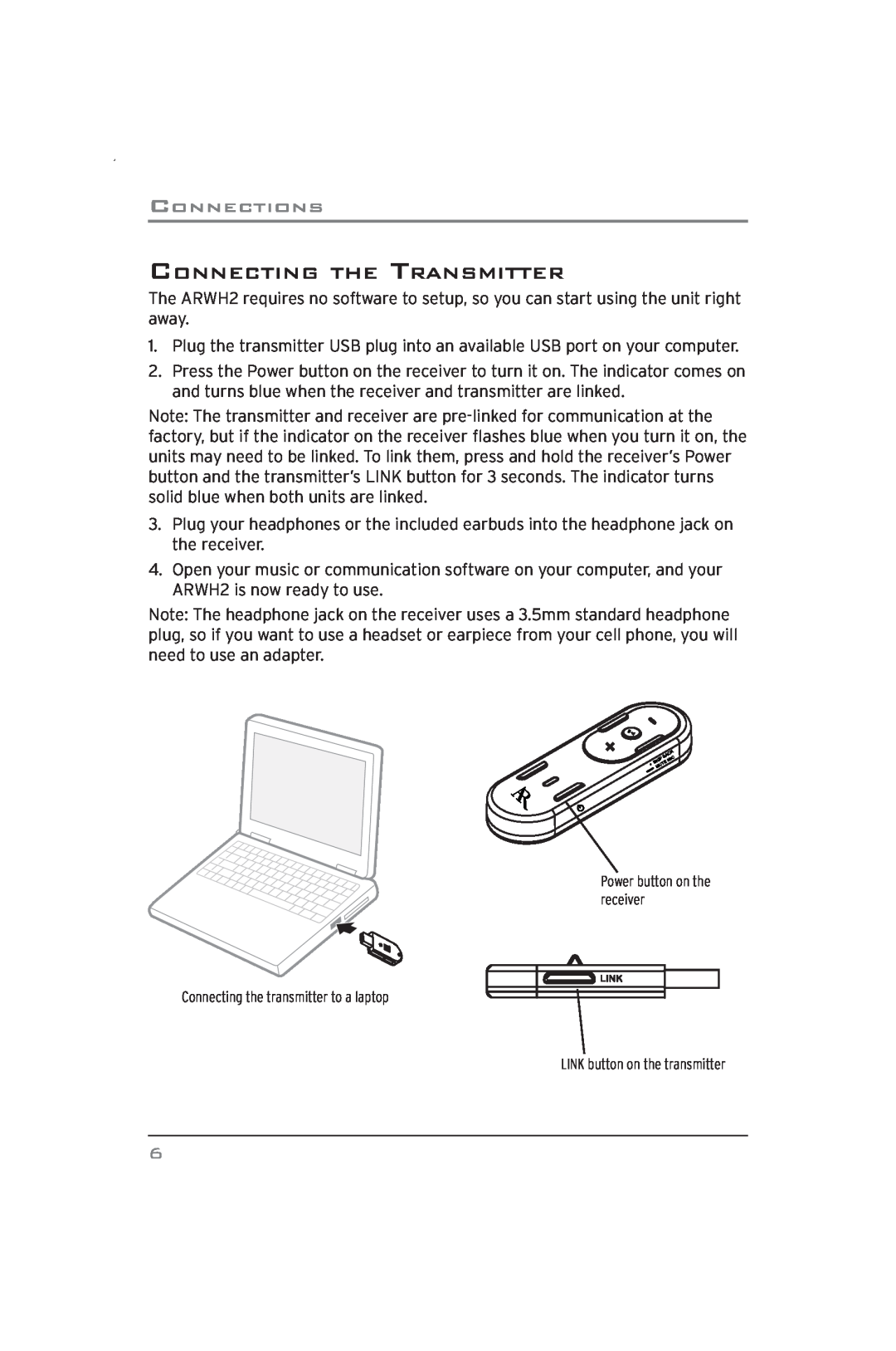 Acoustic Research ARWH2 user manual Connecting The Transmitter, Connections 