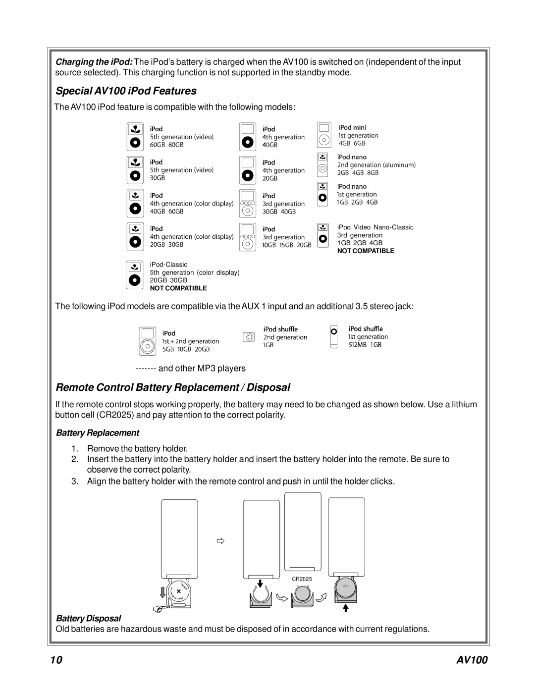 Acoustic Research AV100 C, AV100 B owner manual Special AV100 iPod Features 