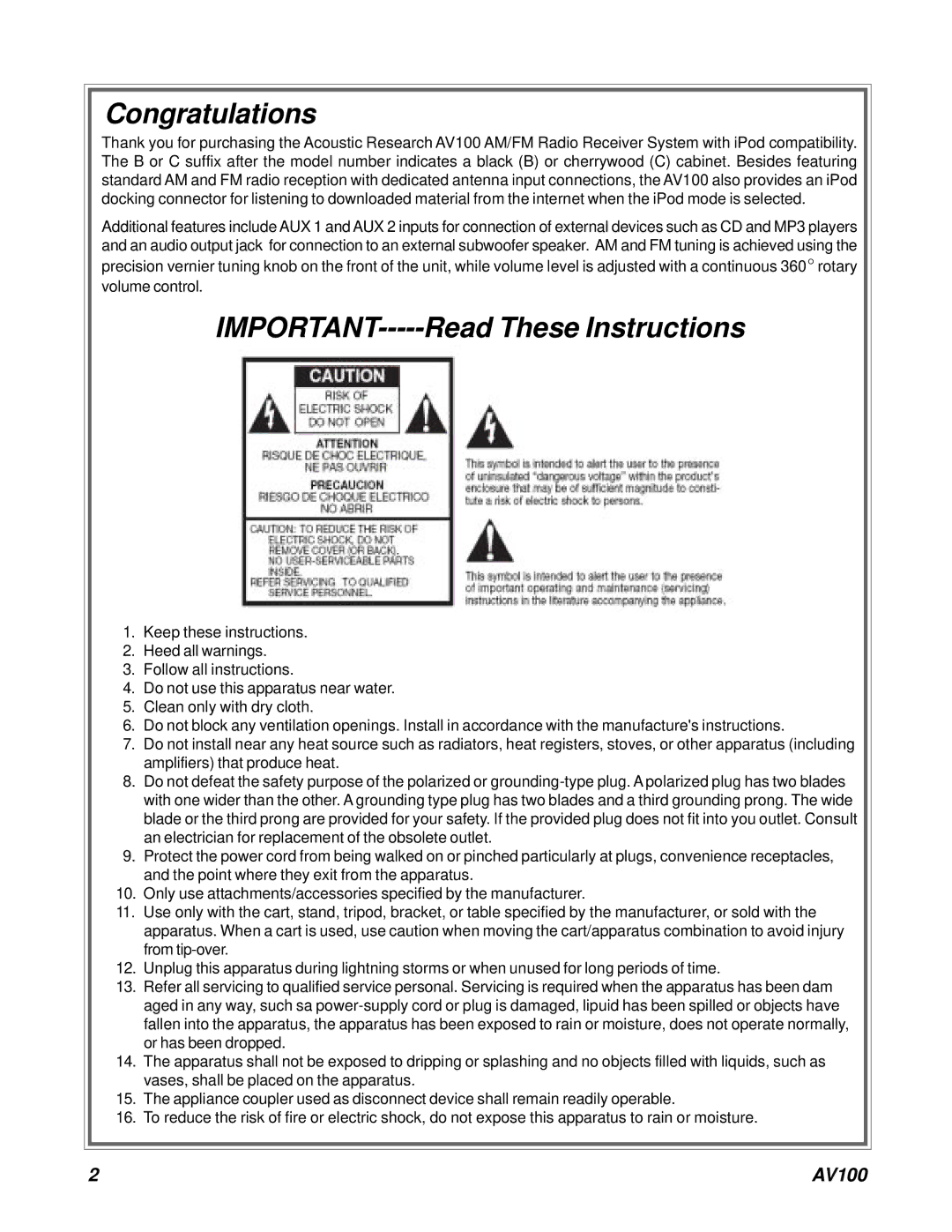 Acoustic Research AV100 C, AV100 B owner manual Congratulations, IMPORTANT-----Read These Instructions 