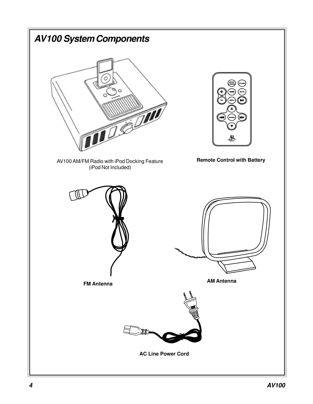 Acoustic Research AV100 C, AV100 B owner manual AV100 System Components 