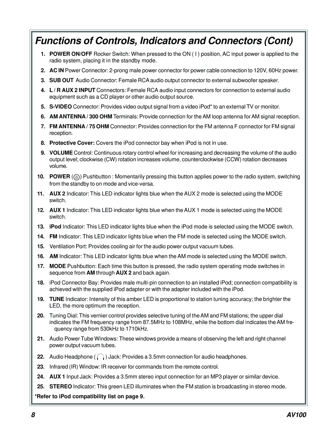 Acoustic Research AV100 C, AV100 B owner manual Refer to iPod compatibility list on 