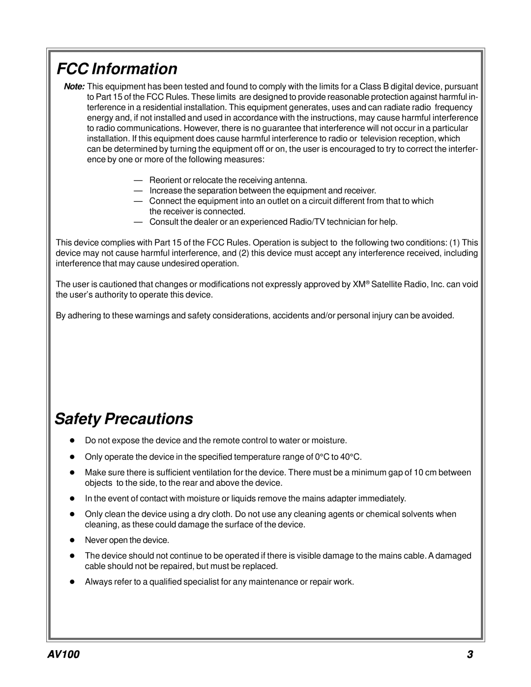 Acoustic Research AV100 B, AV100 C owner manual FCC Information, Safety Precautions 