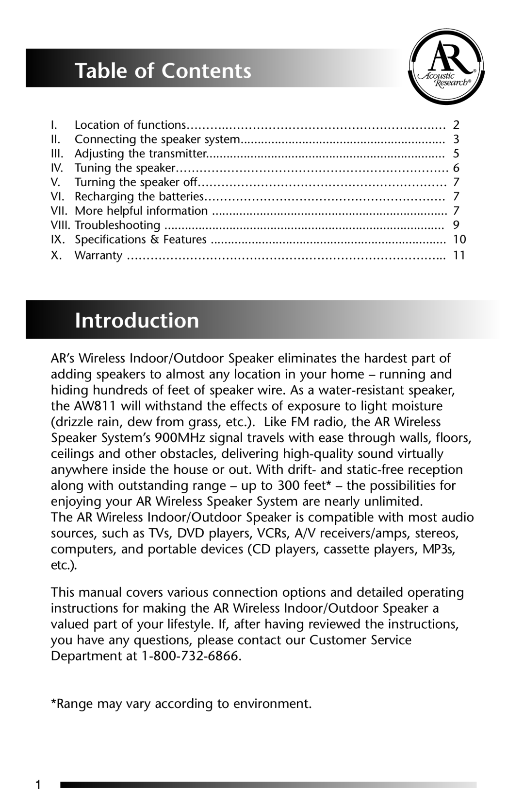Acoustic Research AW-811 operation manual Table of Contents, Introduction 