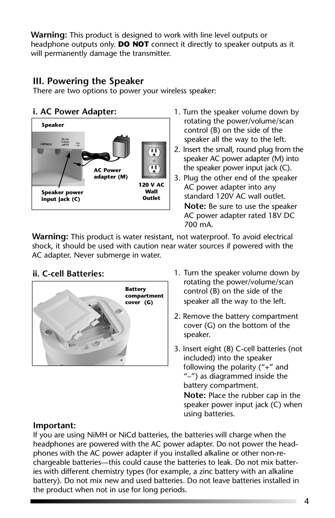 Acoustic Research AW-811 operation manual III. Powering the Speaker, i. AC Power Adapter, ii. C-cellBatteries 