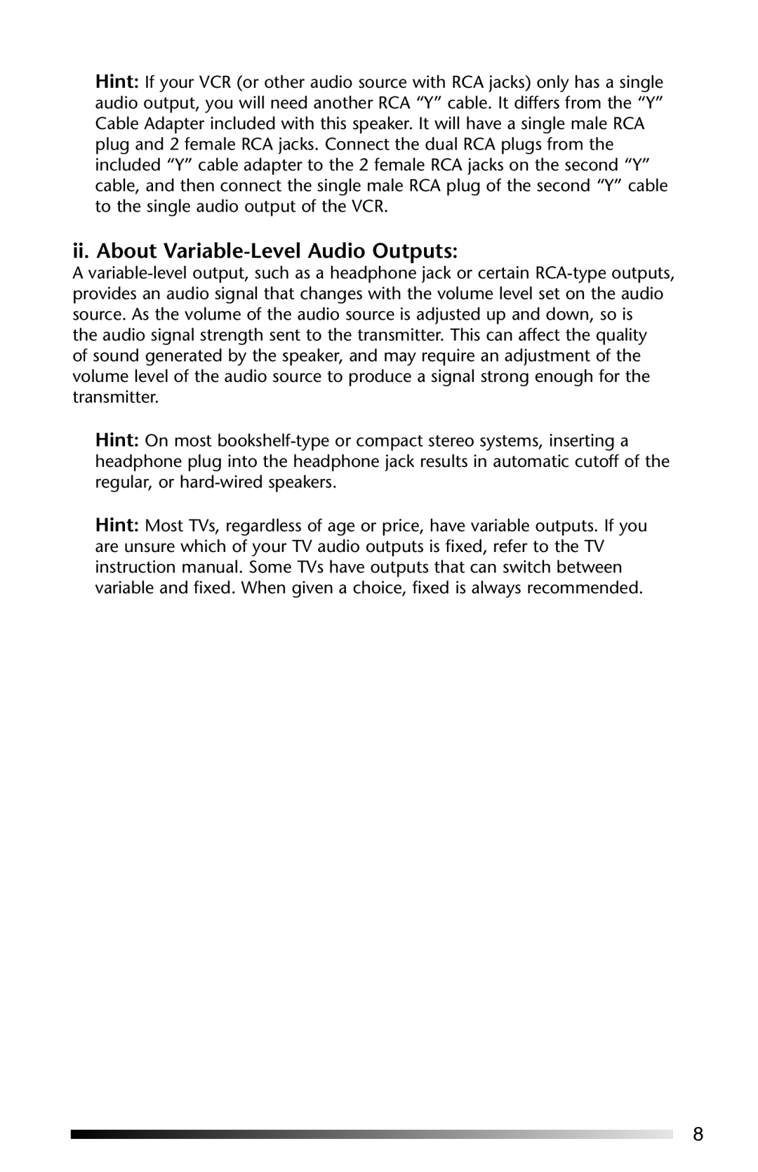 Acoustic Research AW-811 operation manual ii. About Variable-LevelAudio Outputs 