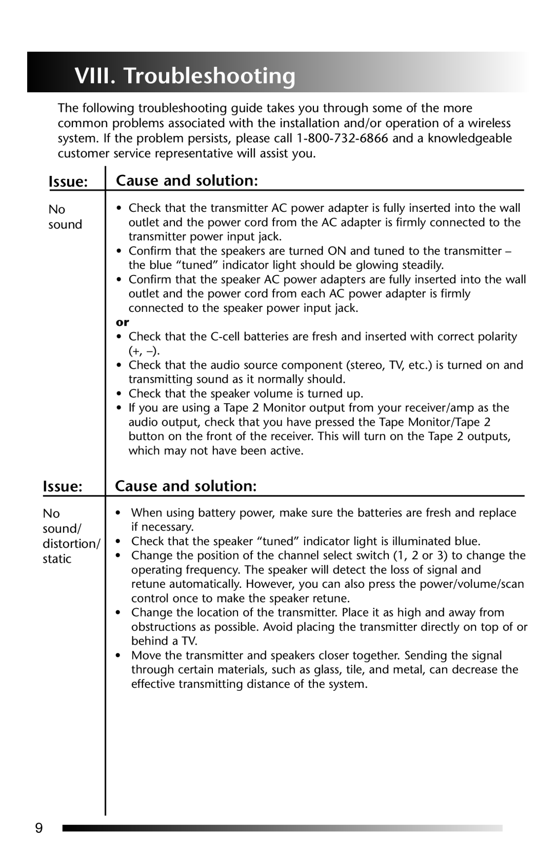 Acoustic Research AW-871 operation manual VIII. Troubleshooting, Issue Cause and solution 