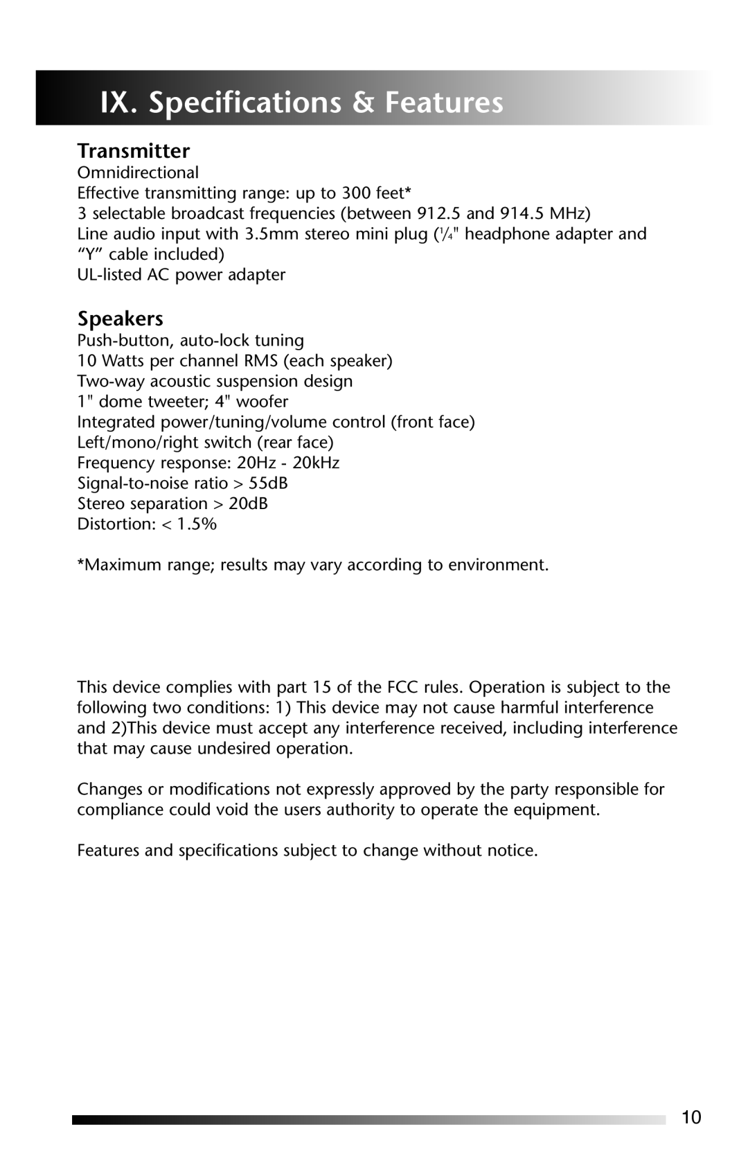 Acoustic Research AW-871 operation manual IX. Specifications & Features, Transmitter, Speakers 