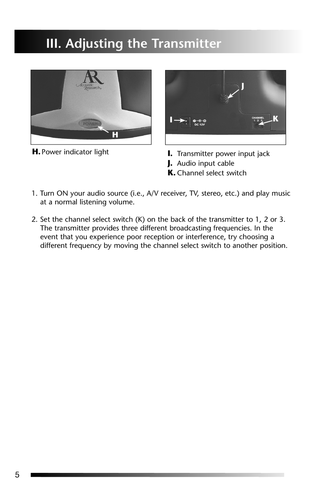 Acoustic Research AW-871 operation manual III. Adjusting the Transmitter 