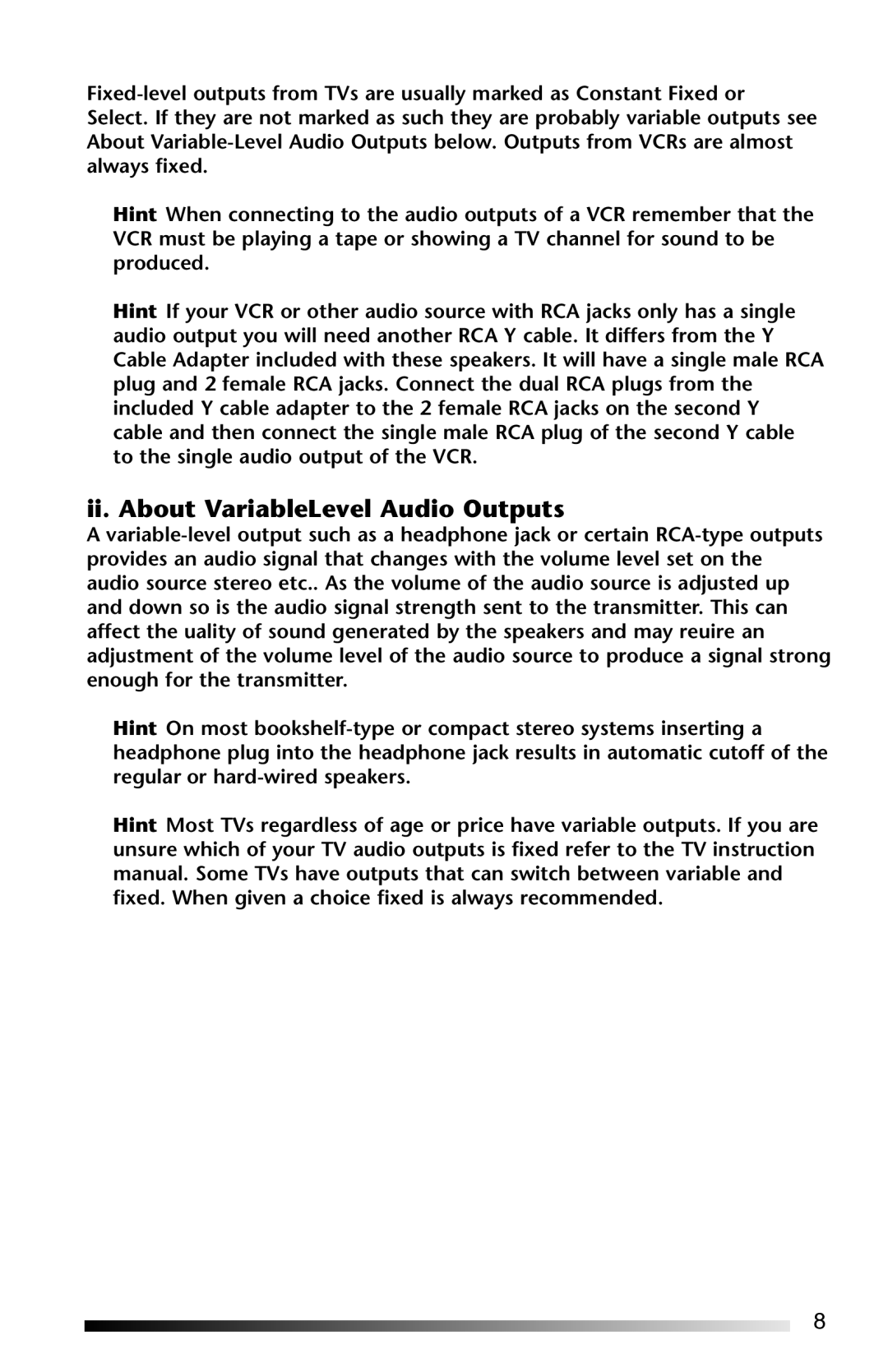 Acoustic Research AW-871 operation manual Ii. About Variable-Level Audio Outputs 