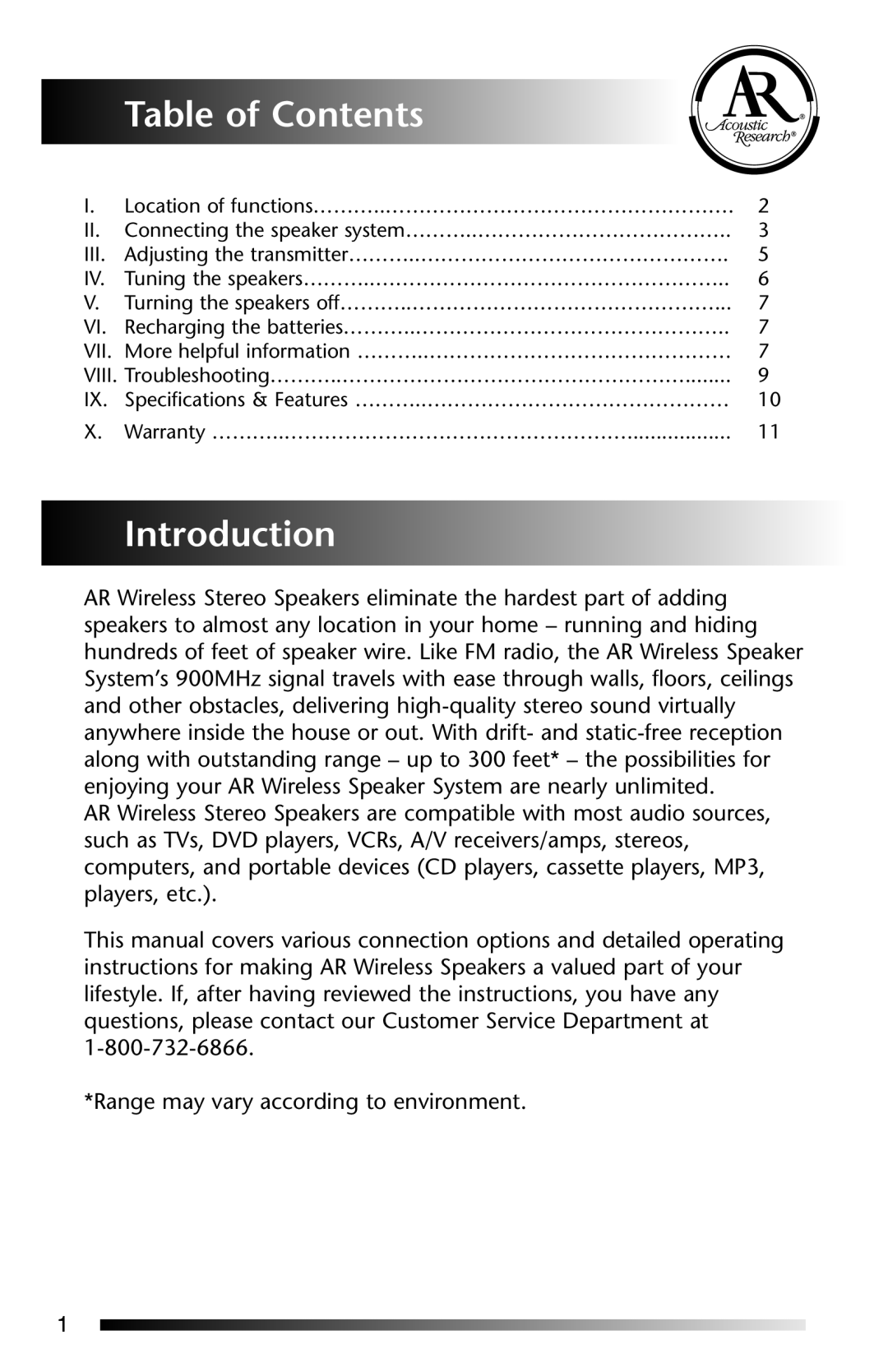 Acoustic Research AW-871 operation manual Table of Contents, Introduction 