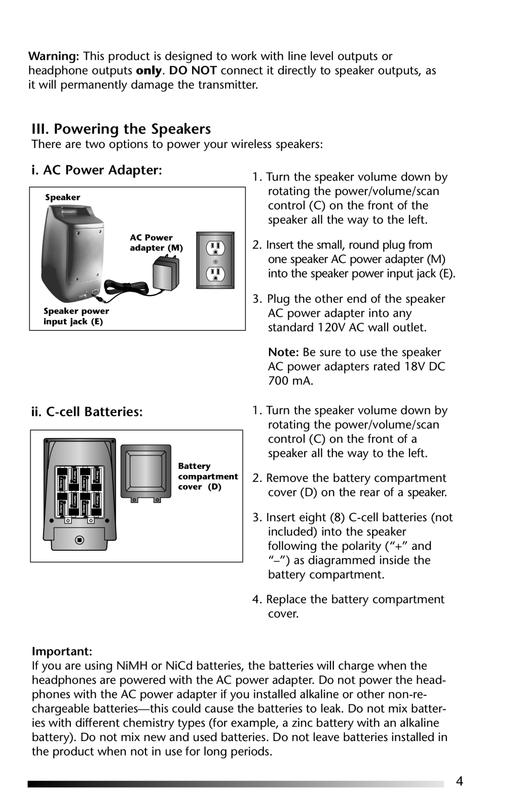 Acoustic Research AW-871 operation manual III. Powering the Speakers, i. AC Power Adapter, ii. C-cellBatteries 