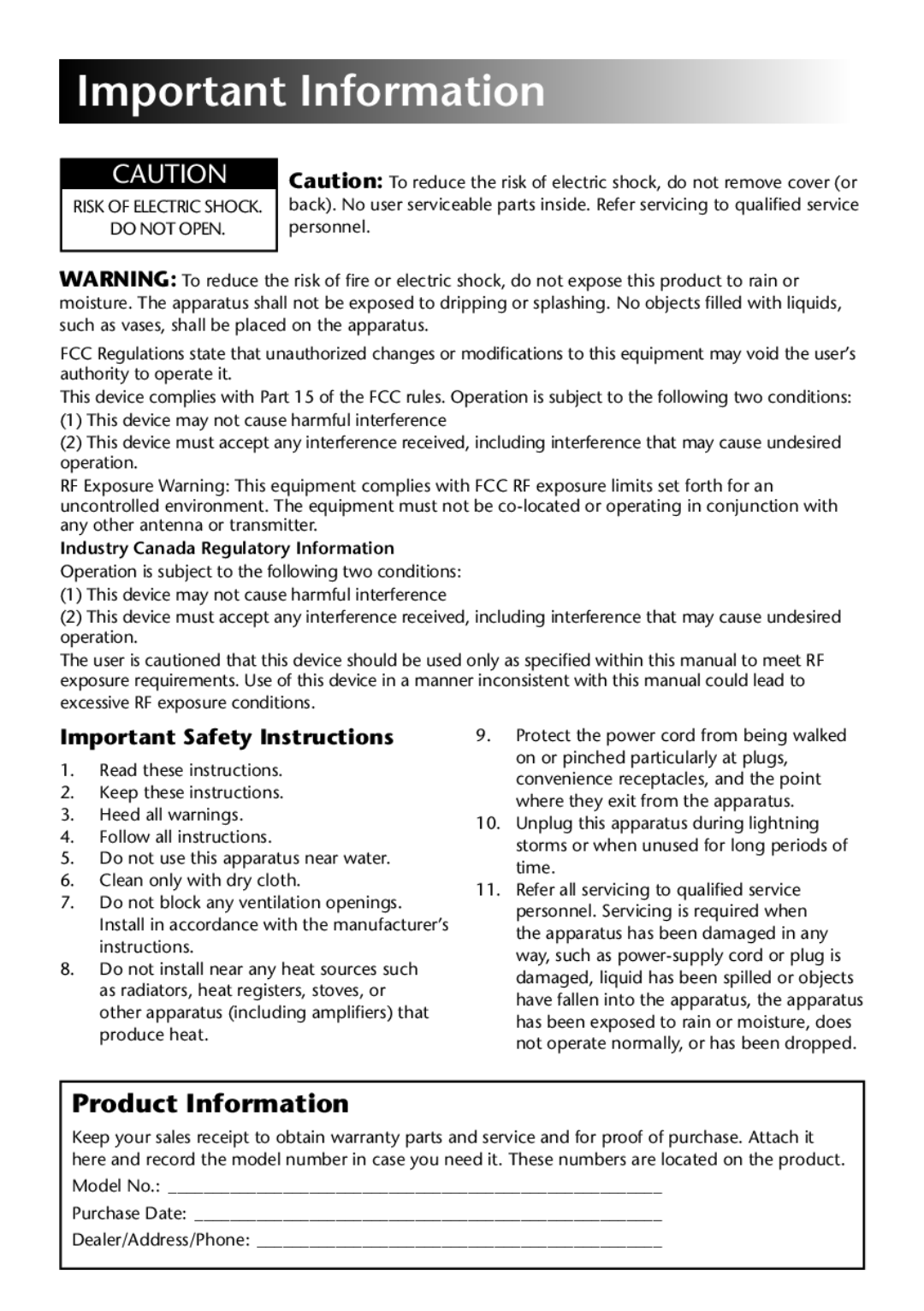 Acoustic Research AW-D510 owner manual Important Information, Product Information 