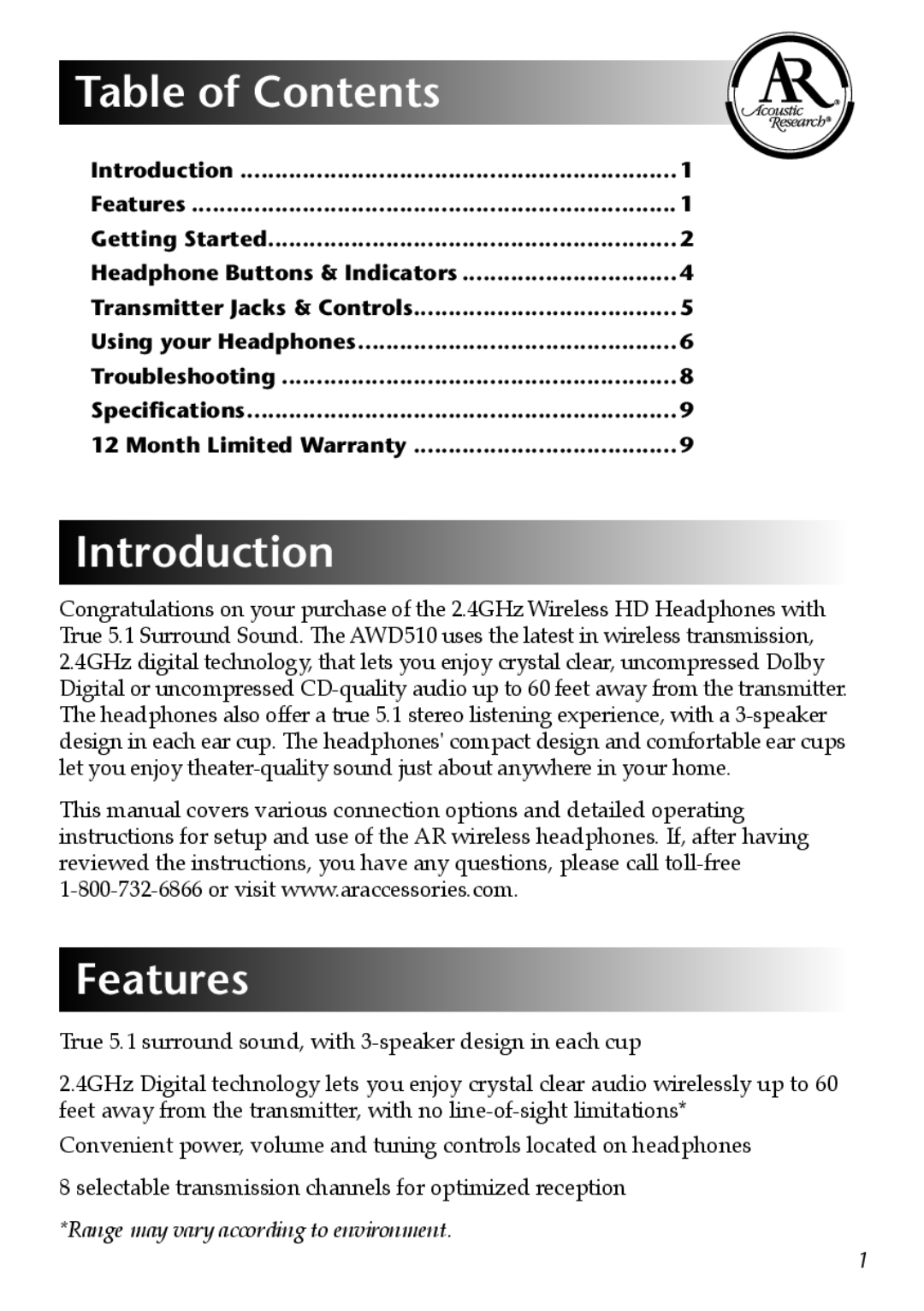 Acoustic Research AW-D510 owner manual Table of Contents, Introduction, Features 