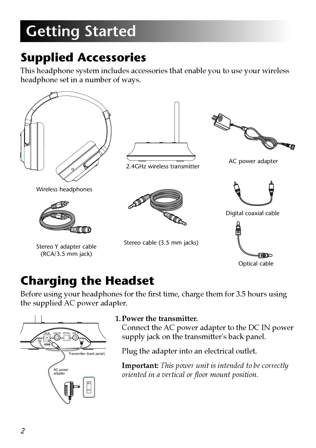 Acoustic Research AW-D510 owner manual Getting Started, Supplied Accessories, Charging the Headset 