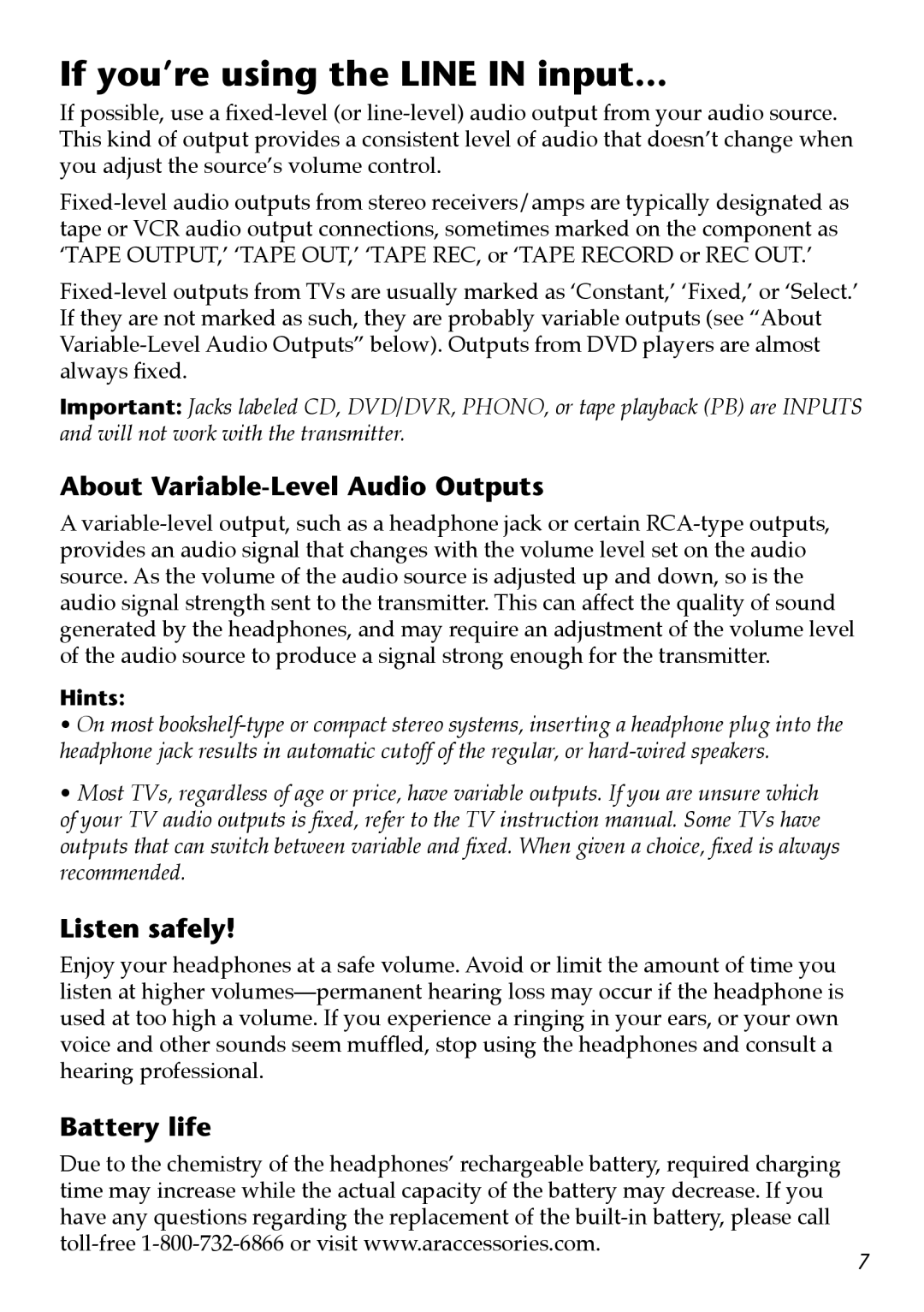 Acoustic Research AW-D510 owner manual If you’re using the Line in input, About Variable-Level Audio Outputs, Listen safely 